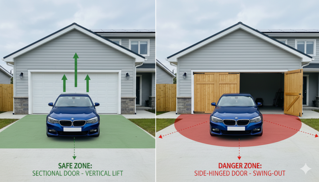 Side-By-Side Safety Zone Comparison Of Two Types Of Garage Doors With Pictures: Sectional Vertical-Lift Door Showing Green Safe Zone Directly In Front Of The Vehicle, Versus Side-Hinged Swing-Out Door Displaying Large Red Danger Zone With Outward Swing Arc And Vehicle Clearance Risks – Helpful Visual Guide By Lead Contractor Dmytro Shevchenko, North West Chicago