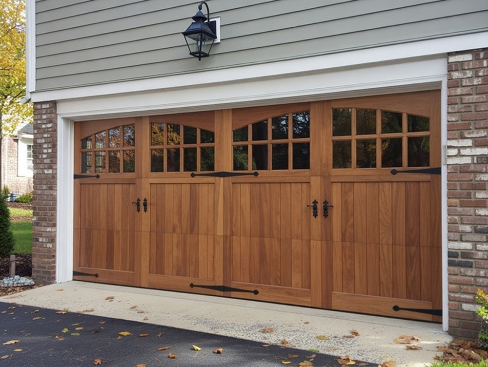 Types Of Garage Doors With Pictures: A Visual Gallery For 2026 Classic Carriage-Style Double Garage Doors In Warm Cedar Wood Tone With Arched Windows, Black Wrought-Iron Hardware And Straps, Timeless Example Of Types Of Garage Doors With Pictures – Professionally Installed By Lead Contractor Dmytro Shevchenko, North West Chicago