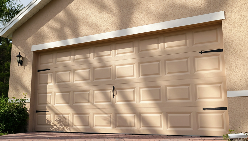 What Are The 5 Types Of Garage Doors? A 2026 Homeowner’s Guide Classic Beige Raised-Panel Sectional Garage Door With Decorative Black Strap Hinges And Pull Handle, Clean White Trim, Light Stucco Exterior, Brick Paver Driveway, Sunny Shadows From Trees And Landscaping – Timeless Example Of What Are The 5 Types Of Garage Doors. Lead Contractor Dmytro Shevchenko, North West Chicago.