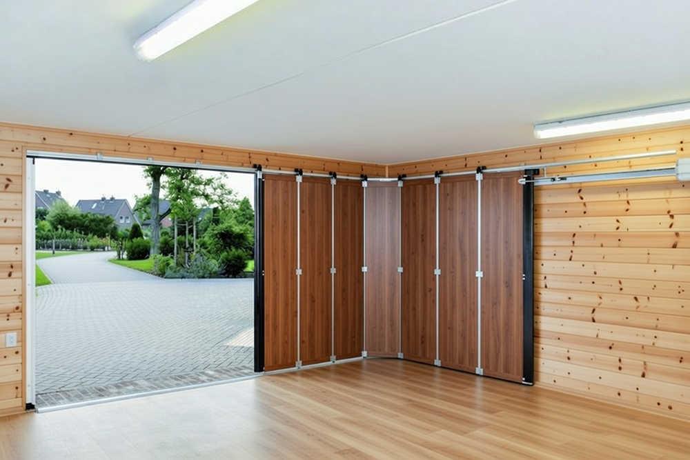 What Are The 5 Types Of Garage Doors? A 2026 Homeowner’s Guide Spacious Modern Garage Interior With Fully Open Multi-Panel Bi-Fold / Folding Garage Doors In Warm Walnut Wood Finish, Black Metal Frames And Hardware, Top-Mounted Sliding Track System, Bright Natural Light Flooding In From Open Doorway Overlooking Landscaped Backyard And Paved Driveway – One Of What Are The 5 Types Of Garage Doors. Lead Contractor Dmytro Shevchenko, North West Chicago.