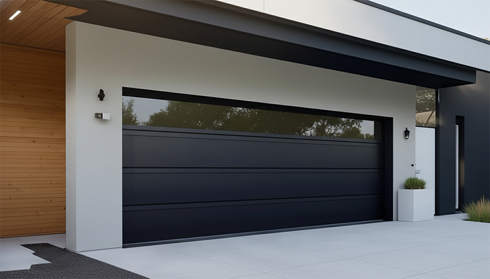 What Are The 5 Types Of Garage Doors? A 2026 Homeowner’s Guide Sleek Modern Matte Black Sectional Garage Door With Wide Horizontal Panels And Full-Width Glass Lite Across The Top, Flush-Mounted On A Contemporary White Stucco And Dark Grey Facade, Wooden Accent Wall, Minimalist Architecture, Clean Concrete Driveway And Landscaping – Premium Example Of What Are The 5 Types Of Garage Doors. Lead Contractor Dmytro Shevchenko, North West Chicago.