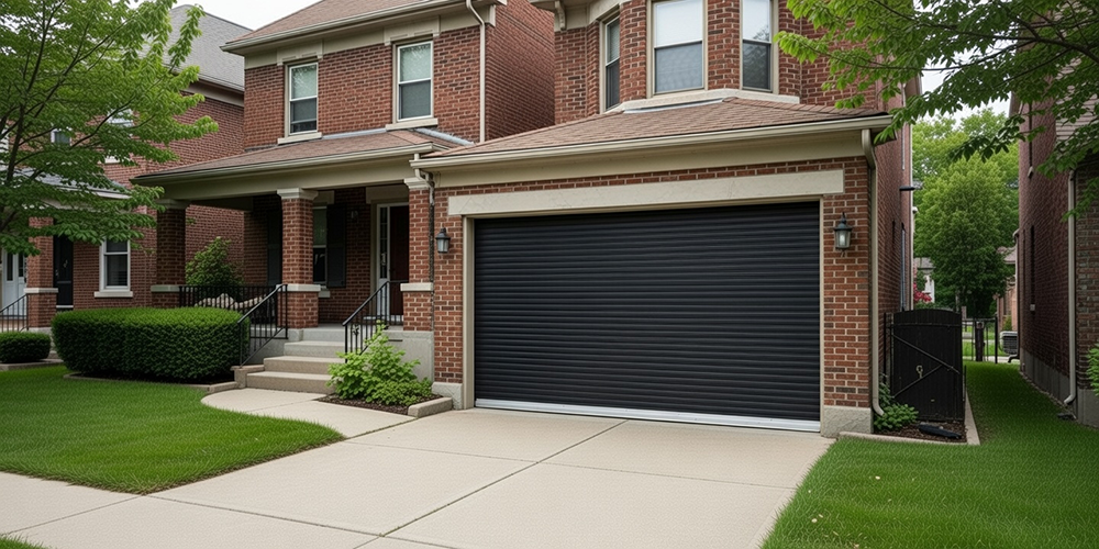 What Are The 5 Types Of Garage Doors? A 2026 Homeowner’s Guide Contemporary Red-Brick Suburban Home Featuring A Sleek Matte Black Horizontal Slat Roll-Up Garage Door Fully Closed, Integrated With Covered Porch Entry, White Trim Accents, Landscaped Front Yard With Green Lawn And Shrubs, Concrete Driveway – Example Illustrating What Are The 5 Types Of Garage Doors. Lead Contractor Dmytro Shevchenko, North West Chicago.