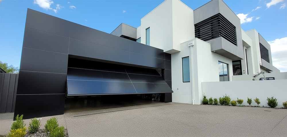 What Are The 5 Types Of Garage Doors? A 2026 Homeowner’s Guide Futuristic Modern Luxury Home With Massive Matte Black Tilt-Up / Canopy-Style Garage Door Partially Open In A Dramatic Upward Tilt Position, Integrated Flush Black Panel Facade, White Stucco And Grey Geometric Architecture, Large Glass Accents, Contemporary Flat-Roof Design Under Bright Blue Sky – Striking Example Of What Are The 5 Types Of Garage Doors. Lead Contractor Dmytro Shevchenko, North West Chicago.