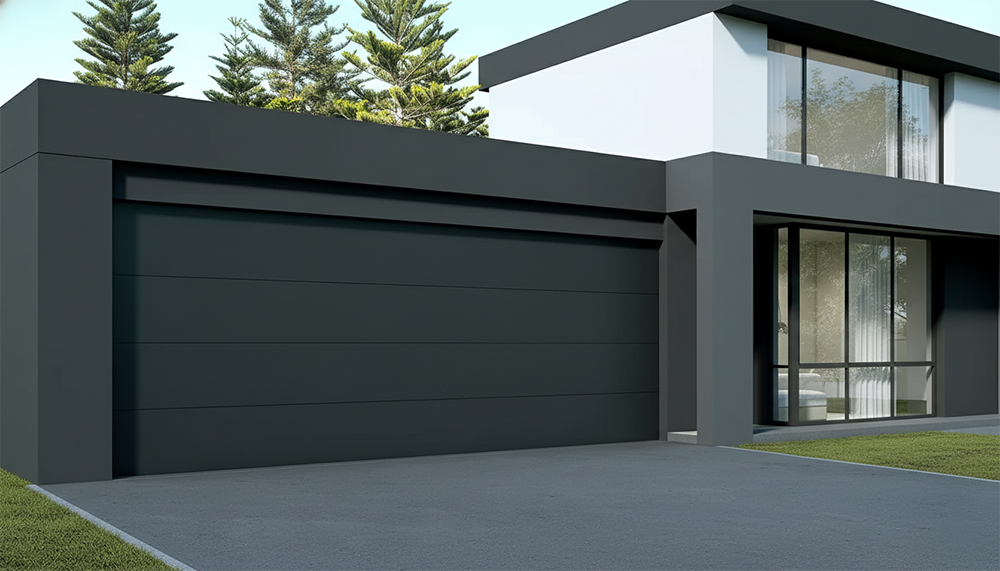 What Are The 5 Types Of Garage Doors? A 2026 Homeowner’s Guide Sleek Modern Matte Black Sectional Garage Door With Clean Horizontal Panel Lines, Flush-Mounted On A Contemporary Dark Grey Minimalist Home Facade, Large Glass Windows, Flat Roof Design, Surrounded By Green Lawn And Tall Pine Trees Under Clear Blue Sky – Premium Example Of What Are The 5 Types Of Garage Doors. Lead Contractor Dmytro Shevchenko, North West Chicago.
