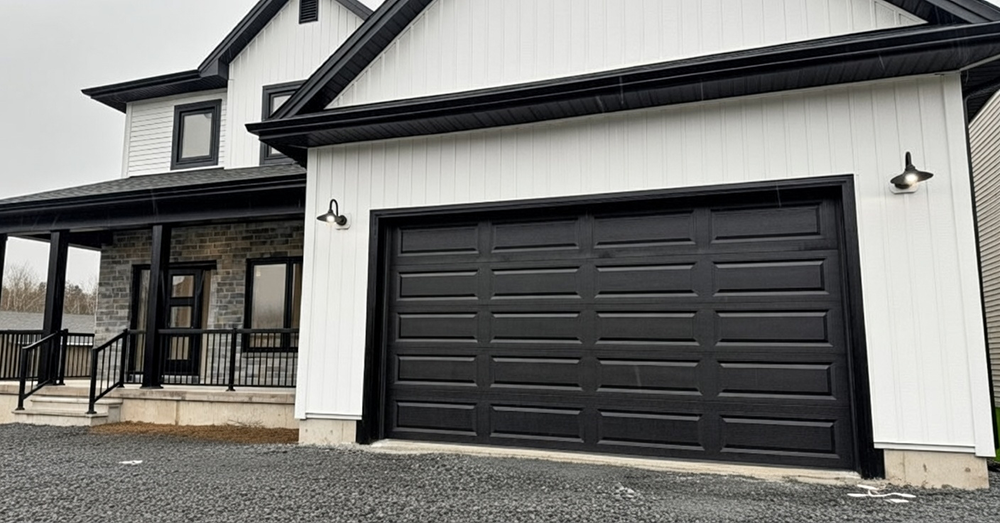 What Are The 5 Types Of Garage Doors? A 2026 Homeowner’s Guide Striking Matte Black Raised-Panel Sectional Garage Door On A Modern White Board-And-Batten Home With Black Trim Accents, Stone Base, Covered Porch With Black Railings, Gabled Roof, And Snowy/Rainy Winter Conditions – One Of What Are The 5 Types Of Garage Doors. Lead Contractor Dmytro Shevchenko, North West Chicago.