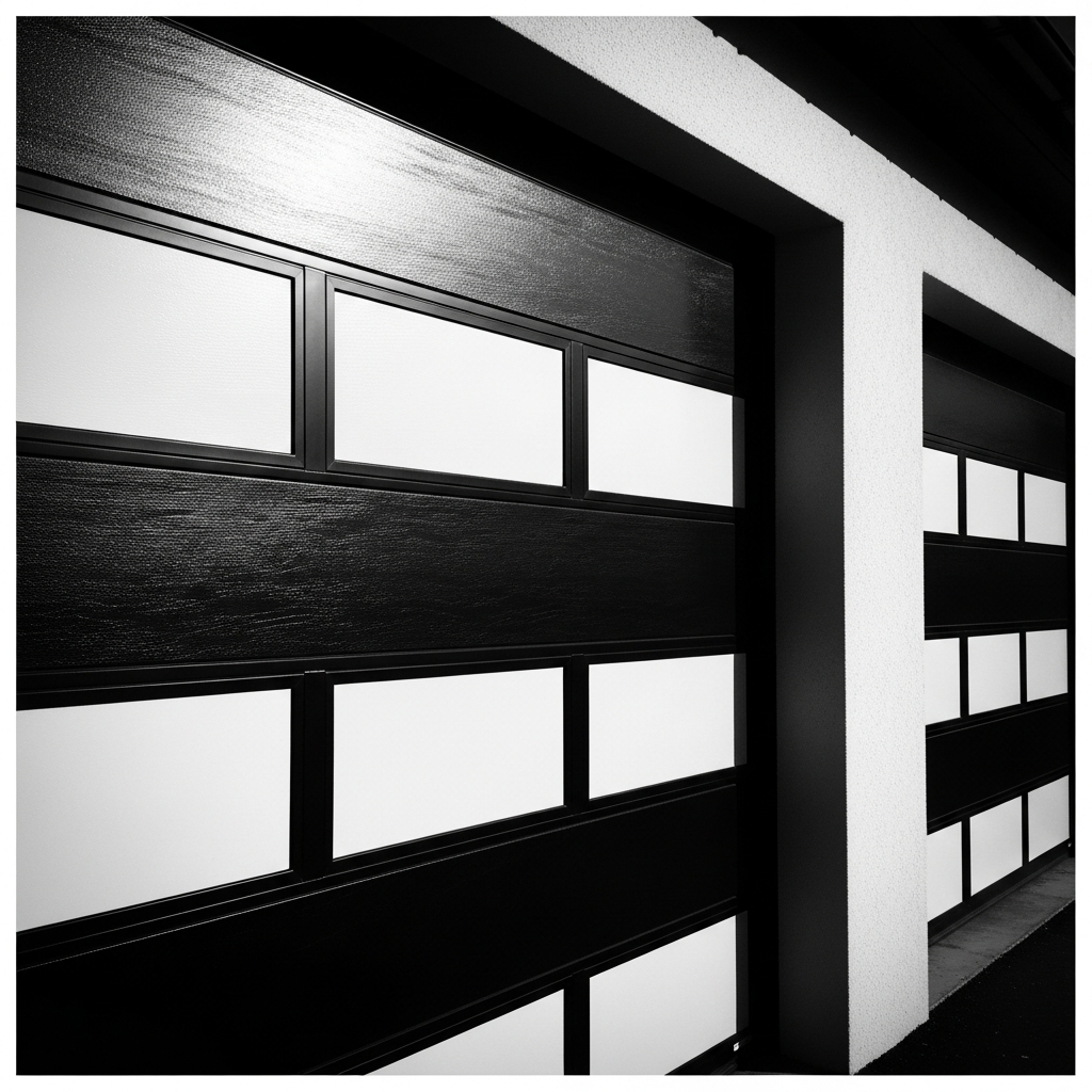 What Are The 5 Types Of Garage Doors? A 2026 Homeowner’s Guide Dramatic Low-Angle Close-Up Of Modern Black Sectional Garage Door With Horizontal Wood-Grain Textured Panels, Framed White Glass Window Inserts, Bold Black Perimeter Trim And Recessed Shadow Lines Creating Strong Geometric Contrast, Dramatic Lighting Highlights Texture And Depth – One Of What Are The 5 Types Of Garage Doors. Lead Contractor Dmytro Shevchenko, North West Chicago.