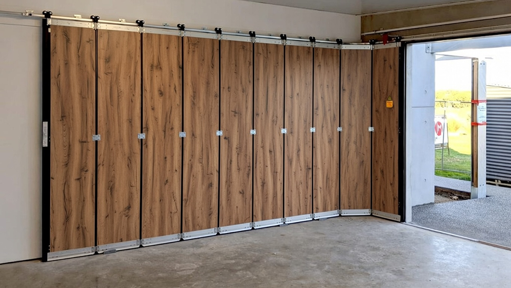 What Are The 5 Types Of Garage Doors? A 2026 Homeowner’s Guide Modern Side-Sliding / Round-The-Corner Folding Garage Door System With Multiple Vertical Wood-Look Panels In Warm Oak Finish, Black Metal Frames And Top-Mounted Roller Track, Fully Open And Stacked Along The Interior Wall To Maximize Garage Space, Clean Concrete Floor Visible – Innovative Example Of What Are The 5 Types Of Garage Doors. Lead Contractor Dmytro Shevchenko, North West Chicago.