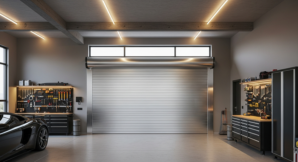 What Are The 5 Types Of Garage Doors? A 2026 Homeowner’s Guide Luxury Modern Garage Interior Featuring A Large Polished Stainless Steel Roll-Up / Rolling Garage Door Fully Closed, Horizontal Aluminum Slats, Bright Overhead Led Linear Lighting, Exposed Wooden Ceiling Beams, High-End Tool Storage Cabinets, Workbench With Organized Tools, Sleek Black Sports Car Parked Inside – Example Of What Are The 5 Types Of Garage Doors. Lead Contractor Dmytro Shevchenko, North West Chicago.