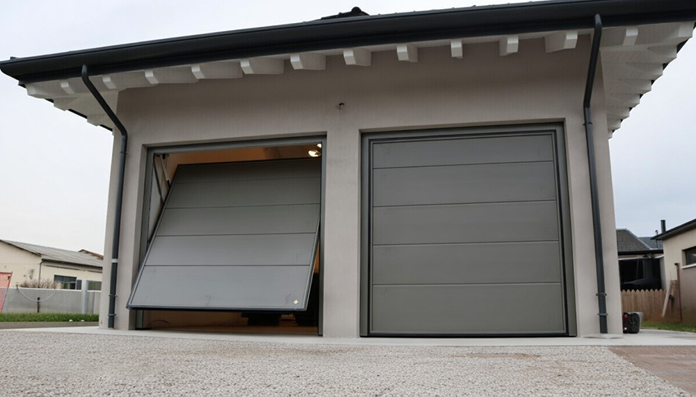 What Are The 5 Types Of Garage Doors? A 2026 Homeowner’s Guide Contemporary Single-Story Garage Featuring One Grey Tilt-Up Canopy Garage Door In Fully Open Upward Position Revealing Interior Space, Paired With A Matching Closed Sectional Overhead Garage Door With Horizontal Slat Design, Modern Beige Stucco Facade, Black Roofline And Gutters, Clean Gravel Driveway – Clear Example Of What Are The 5 Types Of Garage Doors. Lead Contractor Dmytro Shevchenko, North West Chicago.
