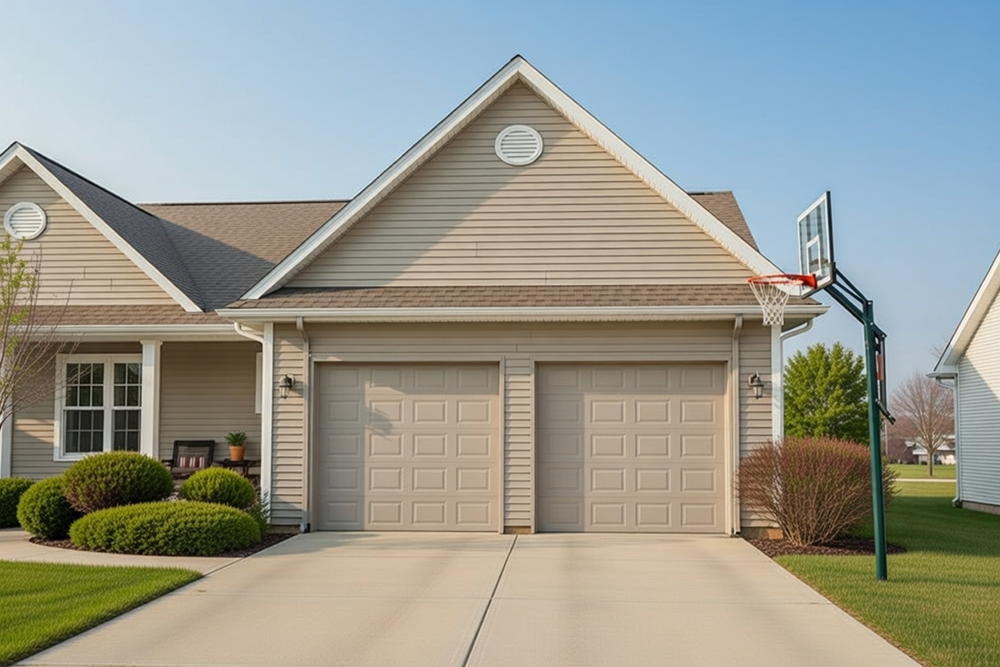 What Is A Garage Door Called? A Guide To Names And Terminology Example Of A Classic Raised-Panel Sectional Garage Door (Commonly Called A Sectional Overhead Garage Door) In Taupe/Beige Finish On A Suburban Home Exterior With Double Doors And Clean Rectangular Panel Design, Installed By Lead Contractor Dmytro Shevchenko In North West Chicago. What Is A Garage Door Called? This Type Is Known As A Sectional Garage Door.