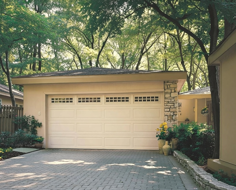 What Is A Garage Door Called? A Guide To Names And Terminology Example Of A Classic Raised-Panel Sectional Garage Door (Commonly Called A Sectional Overhead Garage Door) In Beige/Ivory Finish With Arched Window Inserts, Installed On A Charming Detached Garage Exterior Surrounded By Trees, By Lead Contractor Dmytro Shevchenko In North West Chicago. What Is A Garage Door Called? This Type Is Known As A Sectional Garage Door.