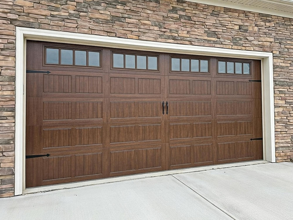 What Is A Garage Door Called? A Guide To Names And Terminology Example Of Luxurious Carriage House Style Garage Doors (Commonly Called Carriage House Garage Doors) In Rich Brown Wood-Grain Finish With Multiple Rectangular Window Panels, Decorative Strap Hinges, And Vertical/Horizontal Panel Design, Installed On A Modern Home Exterior With Stone Facade, By Lead Contractor Dmytro Shevchenko In North West Chicago. What Is A Garage Door Called? This Type Is Known As A Carriage House Garage Door.