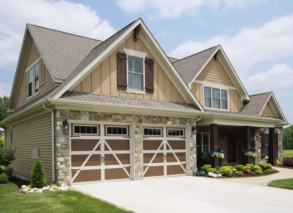 What Is A Garage Door Called? A Guide To Names And Terminology Example Of Classic Carriage House Style Garage Doors (Commonly Called Carriage House Garage Doors) In Brown Wood-Tone Finish With White Diagonal Cross Bracing, Decorative Strap Hinges, And Arched Window Panels, Installed On A Beautiful Two-Story Suburban Home Exterior With Stone Accents, By Lead Contractor Dmytro Shevchenko In North West Chicago. What Is A Garage Door Called? This Type Is Known As A Carriage House Garage Door (A Stylish Variation Of Sectional Overhead Garage Door).