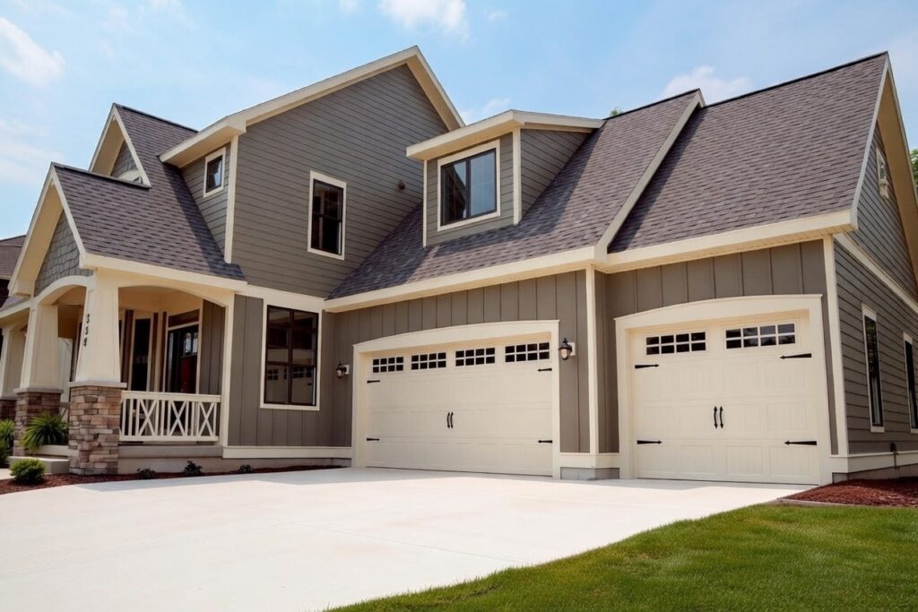 What Is A Garage Door Called? A Guide To Names And Terminology Example Of White Carriage House Style Sectional Garage Doors (Commonly Called Carriage House Garage Doors) With Decorative Window Panels And Strap Hinges, Installed On A Modern Two-Story Suburban Home Exterior, By Lead Contractor Dmytro Shevchenko In North West Chicago. What Is A Garage Door Called? This Type Is Known As A Carriage House Garage Door (A Popular Style Of Sectional Overhead Garage Door).
