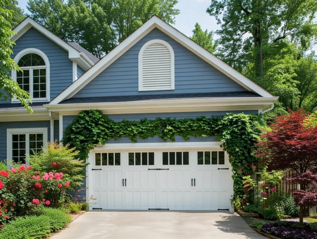 What Is A Garage Door Called? A Guide To Names And Terminology Example Of Elegant Carriage House Style Garage Doors (Commonly Called Carriage House Garage Doors) In Classic White Finish With Multiple Rectangular Window Panels, Decorative Strap Hinges, And Arched Top Frame, Installed On A Charming Blue Suburban Home Exterior Surrounded By Lush Greenery And Ivy, By Lead Contractor Dmytro Shevchenko In North West Chicago. What Is A Garage Door Called? This Type Is Known As A Carriage House Garage Door (A Decorative Style Of Sectional Overhead Garage Door).