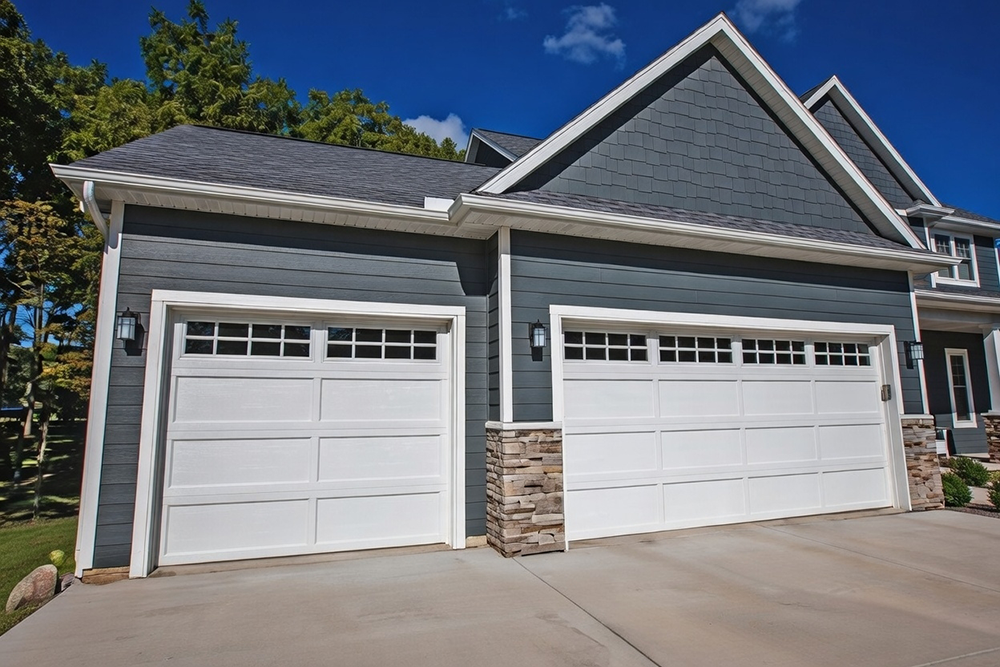 What Is A Garage Door Called? A Guide To Names And Terminology Example Of Classic Raised-Panel Sectional Garage Doors (Commonly Called Sectional Overhead Garage Doors) In Bright White Finish With Rectangular Window Grids, Installed As Double Doors On A Modern Two-Story Home Exterior With Gray Siding And Stone Accents, By Lead Contractor Dmytro Shevchenko In North West Chicago. What Is A Garage Door Called? This Type Is Known As A Sectional Garage Door.