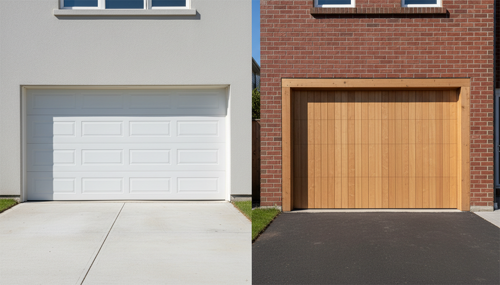 Garage Door Opening Styles: Choosing The Right Movement For Your Home Side-By-Side Comparison Of Garage Door Opening Styles: Modern White Sectional Overhead Garage Door With Raised Rectangular Panels On The Left, And Contemporary Horizontal Wood-Plank Garage Door With Natural Timber Finish On The Right, Installed By Lead Contractor Dmytro Shevchenko In North West Chicago.