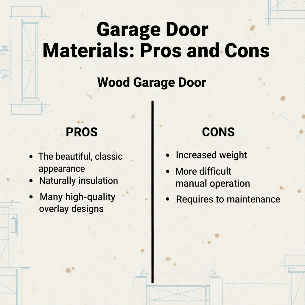 Pros And Cons Comparison Chart Of Wood Garage Door Materials, Showing Beautiful Classic Appearance, Natural Insulation, High-Quality Overlay Designs, Increased Weight, Difficult Manual Operation, And High Maintenance Requirements – Garage Door Options By Lead Contractor Dmytro Shevchenko, North West Chicago