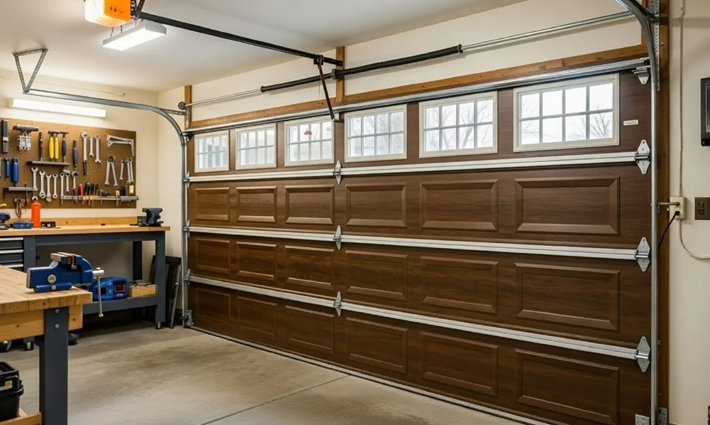 Garage Door Opening Styles: Choosing The Right Movement For Your Home Example Of Garage Door Opening Styles Featuring A Premium Sectional Overhead Garage Door With Rich Wood-Tone Finish And Multiple Rectangular Window Panels, Installed By Lead Contractor Dmytro Shevchenko In North West Chicago.